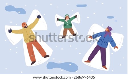 Happy dad, mom and son making snow angels outdoors. Family spending time together in winter snowy woods. People have fun in frozen park. Cheerful parents lying in snowdrifts with child. Vector concept