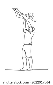 Happy dad playing with daughter in continuous line art drawing style. Father holding his female child up in the air. Minimalist black linear sketch isolated on white background. Vector illustration