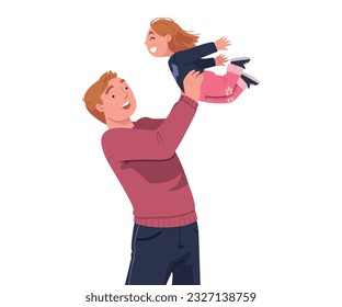 Happy Dad Playing with His Daughter Raising Her in the Air with Arms Vector Illustration