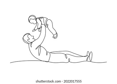 Happy dad playing with his young child in continuous line art drawing style. Father holding his son up in the air. Minimalist black linear sketch isolated on white background. Vector illustration