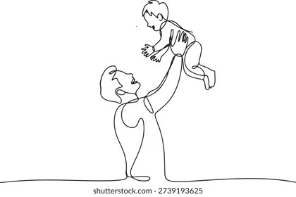 Happy dad playing with his young child in continuous line art drawing style. Father holding his son up in the air. Minimalist black linear sketch.one line vector illustration with out background
