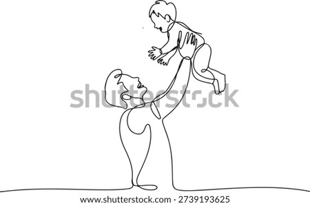 Happy dad playing with his young child in continuous line art drawing style. Father holding his son up in the air. Minimalist black linear sketch.one line vector illustration with out background
