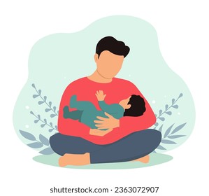 Happy dad sits in lotus position, holding baby in his arms. Father rocks his son. Vector graphics.