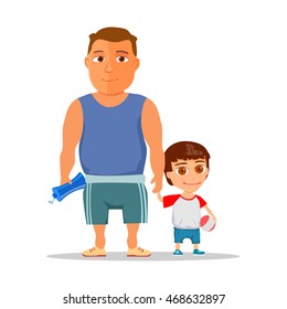 Happy dad and son after gym. Vector illustration