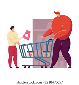 Happy dad and son buying food in supermarket flat vector illustration. Cartoon young father wheeling shop trolley in grocery store. Consumerism and shopping concept