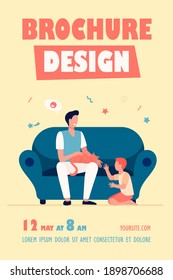 Happy dad with son and cat at home. Family enjoying leisure time together flat vector illustration. Parenthood, pet care, father concept for banner, website design or landing web page