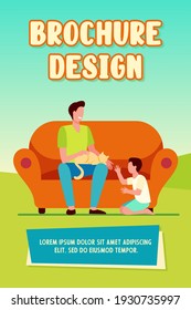 Happy dad with son and cat at home. Family enjoying leisure time together flat vector illustration. Parenthood, pet care, father concept for banner, website design or landing web page
