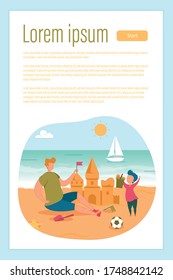 Happy Dad and Son Have Fun on Resort. Father and Child Rest on Beach. Man and Preschool Kid Building Sand Castle. Summertime Recreation on River Band. Webpage Banner. Vector Illustration