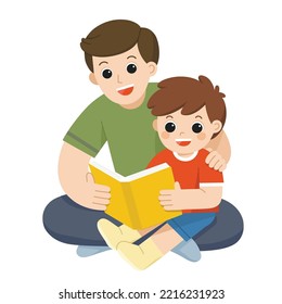 Feliz padre e hijo leen el libro juntos. Papá e hijo leyendo un libro sentado en el suelo.