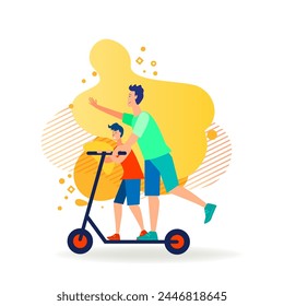 Happy dad and son riding scooter together. Young man and boy enjoying outdoor activity flat vector illustration. Family, lifestyle, vacation concept for banner, website design or landing web page