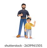 Happy dad and son smiling standing together, 3D render vector illustration. Father hold and hug son, having fun parenting and bonding family time. Dad is my superhero Fathers Day Daddy and Son