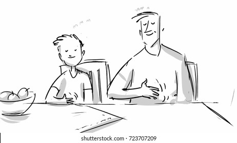 Happy Dad And Son Starving Or Having Meal. Vector Storyboard Sketch