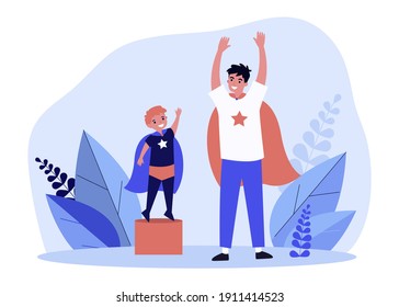 Feliz padre e hijo vistiendo como superhéroes. Cabo, potencia, juego de ilustración vectorial plana. Imaginación y concepto familiar para banner, diseño de sitio web o página web de aterrizaje