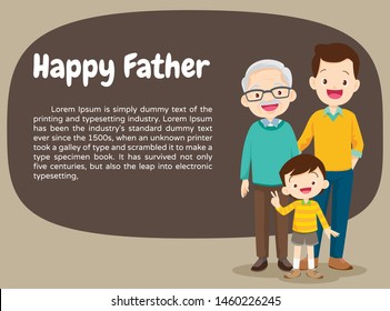 happy dad and son.happy fathers day poster layout.portrait family with grandfather son and father.