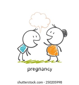 Happy dad talking to his pregnant wife belly illustration