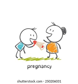 Happy dad talking to his pregnant wife belly illustration