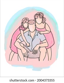 A happy dad with two children. Father and daughters. Illustration in the style of linear art.