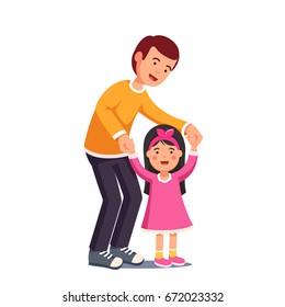 Happy dad walking with his little daughter holding her both hands. Cute girl in pink dress learning to walk. Caring father helping child. Flat style vector illustration isolated on white background.