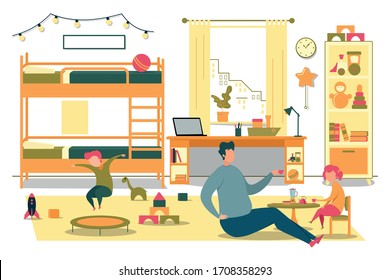 Happy Daddy Play with Cheerful Kid in Bedroom. Rest at Home on Weekend. Fatherhood, Father on Maternity. Dad Daughter Drinking Tea with Toy Tea Set. Boy Son Jumping on Trampoline. Vector Illustration