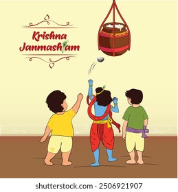 Happy dahi handi celebration for krishna Janmashtami, naughty krishna with friends.Illustration post