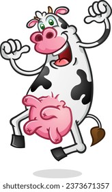 Happy dairy cow mascot leaping into the air and giving the this guy thumbs toward himself with a confident look on his bovine face