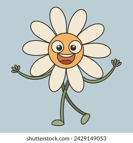 Happy daisy cartoon character in retro groovy style. Hand drawn vector flower in trendy 70s style