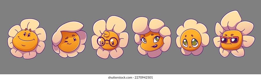 Happy daisy characters in retro groovy style. Cute flowers with smiling faces. Funny comic chamomile characters for vintage stickers isolated on background, vector set in contemporary style