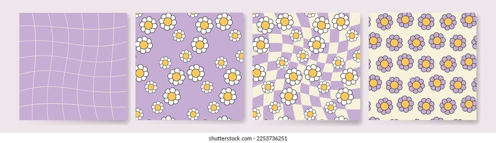 Happy daisy seamless patterns wave chess  mesh set of vector background retro style lilac and purple colors for design