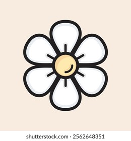 Happy Daisy with white petals, yellow stamen disc and fun mouth reflex filled vector icon. Spring daisy ready to decorate your projects.