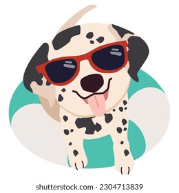 Happy Dalmatian dog with sunglasses and floating ring, air mattress for summer