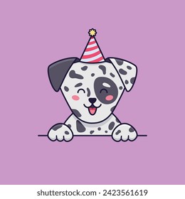 Happy dalmatian dog is wearing party hat. Vector flat illustration in cartoon style at birthday or other celebrations