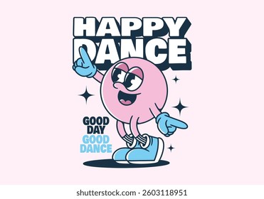 Happy dance. Cute dancer mascot character in pink colors