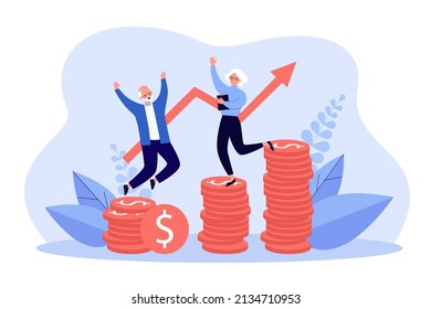 Happy dance of elderly couple on stacks of money coins. Increasing income of tiny rich old man and woman flat vector illustration. Retirement concept for banner, website design or landing web page