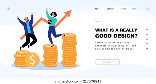 Happy dance of elderly couple on stacks of money coins. Increasing income of tiny rich old man and woman flat vector illustration. Retirement concept for banner, website design or landing web page