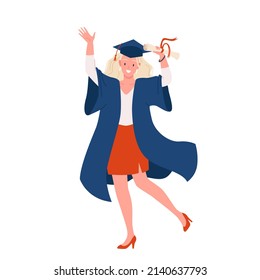 Happy dance of female graduate vector illustration. Cartoon girl in bachelor gown and cap holding diploma scroll or certificate of graduation from school, college or university isolated on white