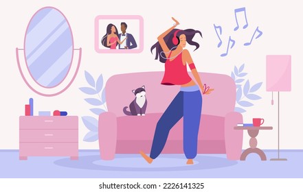 Feliz baile y movimiento de la mujer en la ilustración del vector del hogar. Caricatura linda escena con una chica escuchando divertida canción o música con auriculares, disfrutando y bailando, gato gracioso sentado en el fondo del sofá