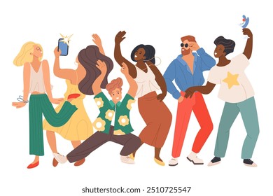 Happy dance party of friends, fun energetic festival and concert with multiethnic crowd of people. Smiling woman and man dancing to music with arm up, drink cocktail cartoon vector illustration