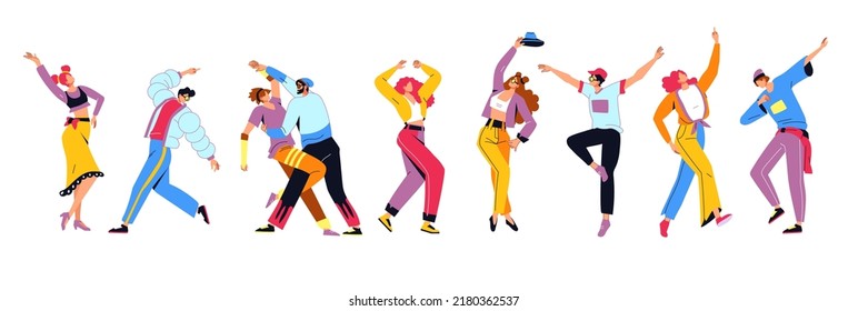 Happy dance people. Woman and man party persons, celebrate by young dancers and friends, colorful girls and boys fun characters. Choreography positions, vector cartoon flat illustration