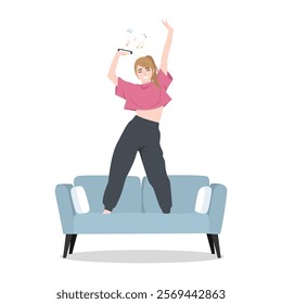 Happy dance woman at home listening to fun song or music from her phone on the sofa. Flat vector Character Illustration