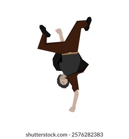 Happy dancer in freestyle break-dance movement. Young energetic active positive man upside down in action, motion to breakdance, hip-hop music. Flat vector illustration isolated on white background