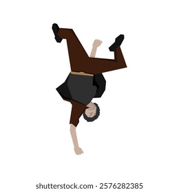 Happy dancer in freestyle break-dance movement. Young energetic active positive man upside down in action, motion to breakdance, hip-hop music. Flat vector illustration isolated on white background