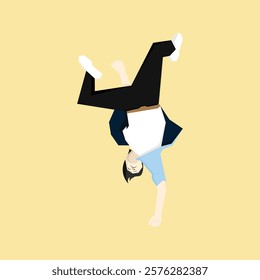 Happy dancer in freestyle break-dance movement. Young energetic active positive man upside down in action, motion to breakdance, hip-hop music. Flat vector illustration isolated on white background