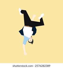 Happy dancer in freestyle break-dance movement. Young energetic active positive man upside down in action, motion to breakdance, hip-hop music. Flat vector illustration isolated on white background