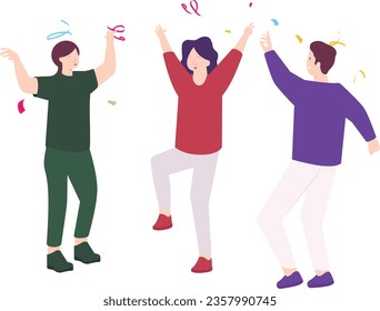 Happy dancing among friends at the party concept, Smiling diverse people having fun vector icon design, Life satisfaction symbol, positive and pleasant emotion scene sign, Subjective well-being stock 