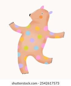 Oso bailarín feliz. Divertida Ilustración vectorial dibujada a mano con lindo oso de peluche bailando sobre un fondo blanco roto. Oso marrón salvaje con puntos coloridos en su piel. Animales del bosque. Rey del Bosque.RGB