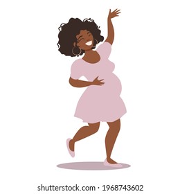 Happy dancing black pregnant woman. Pretty future mother is full of joy anticipating her baby. Vector illustration isolated on white background.