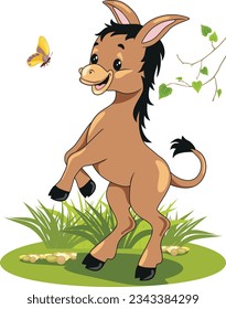 Happy dancing brown donkey with butterfly on the lawn. Vector