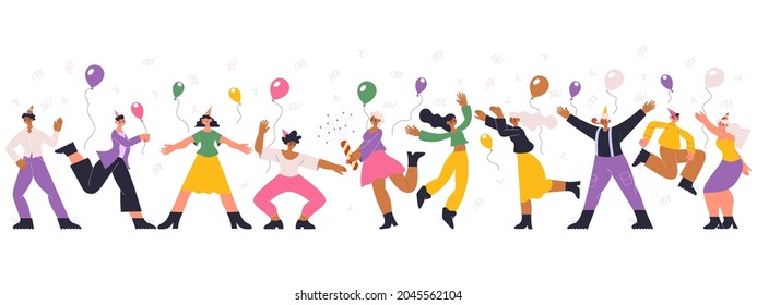 Happy dancing celebrating birthday party holiday people. Dancing festive characters, birthday or new year celebration vector illustration. Joyful celebrating people of birthday at party