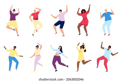 Happy dancing characters. Excitement girl and boy dance, isolated active flat people. Entertainment, party or festival, fun friends utter vector set