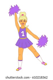 Happy dancing cheerleader. Sport team support. Smiling blonde girl with bangs and ponytail wearing purple uniform with number one print, white socks and pink sneakers jumping with violet pom-poms.